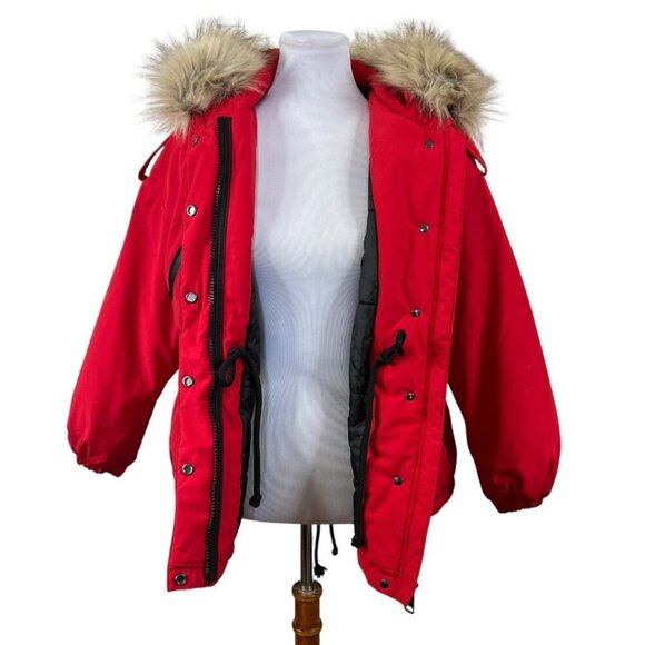 C&A Parka Jacket Womens S Small Red Polyester Fill Puffer Faux Fur Winter Skiing - Picture 3 of 13